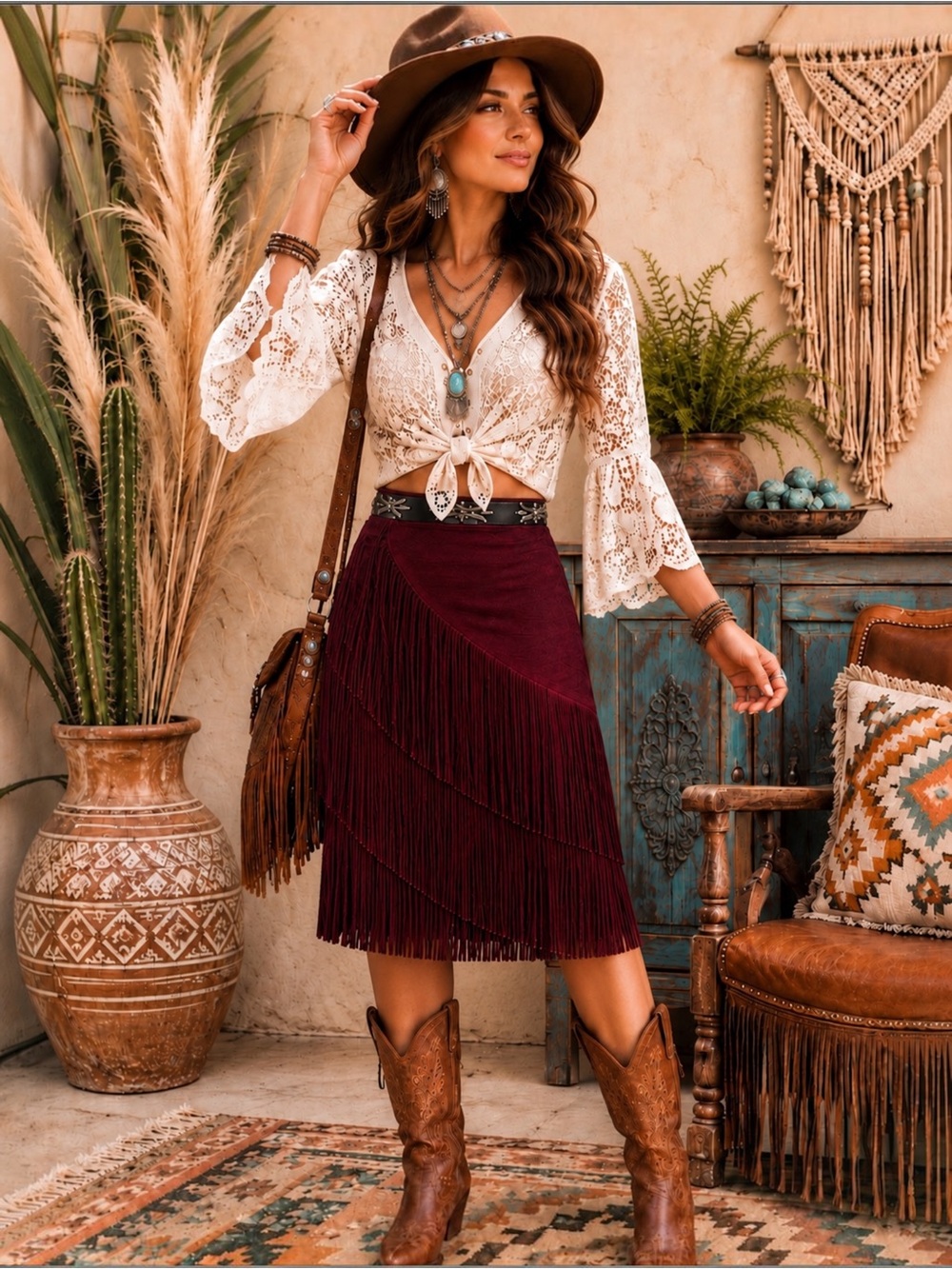 IDYLLWIND TINA Asymmetrical Faux Suede Fringe Maroon Mini Skirt Western Sz Large